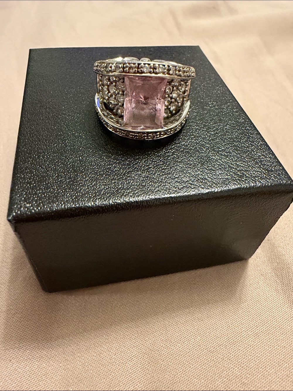 Sterling Silver Pink Statement Cocktail Ring with Clear Pavé Accents